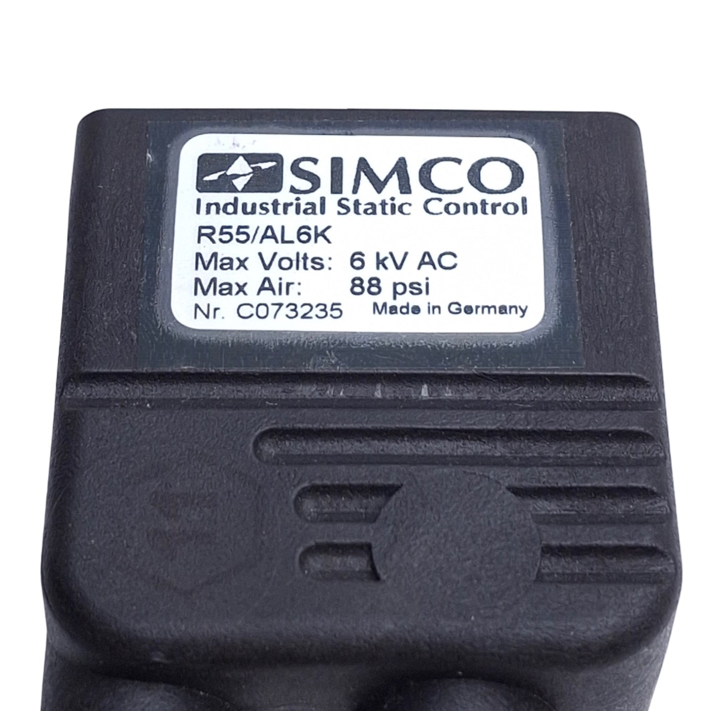 Used Simco R55/AL6K Ionizing Air Nozzle, 6kV AC, 88 Psi Max, Perforated Outlet