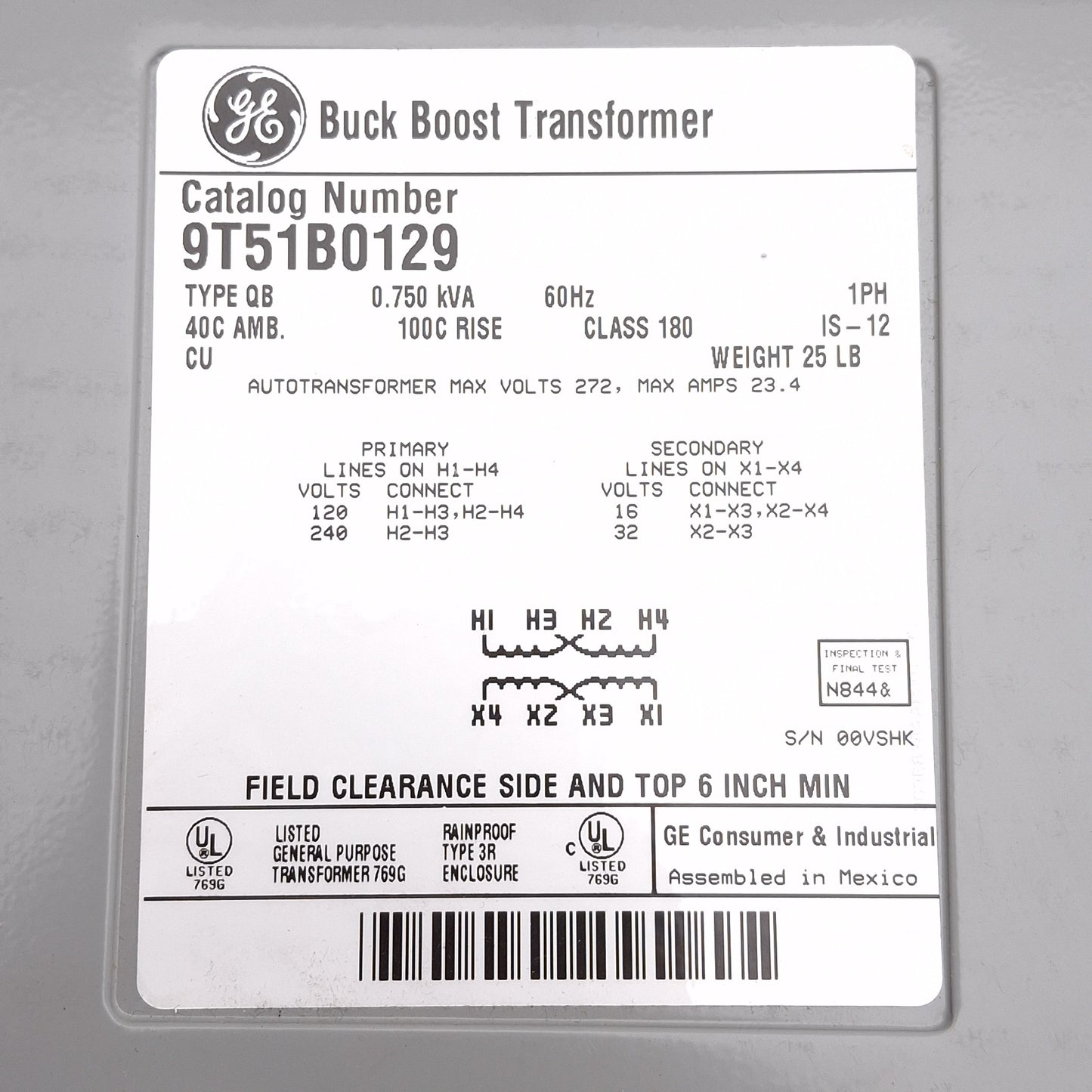 Used GE 9T51B0129 Buck Boost Transformer, 0.75kVA, 120x240V Primary, 16x32V Secondary