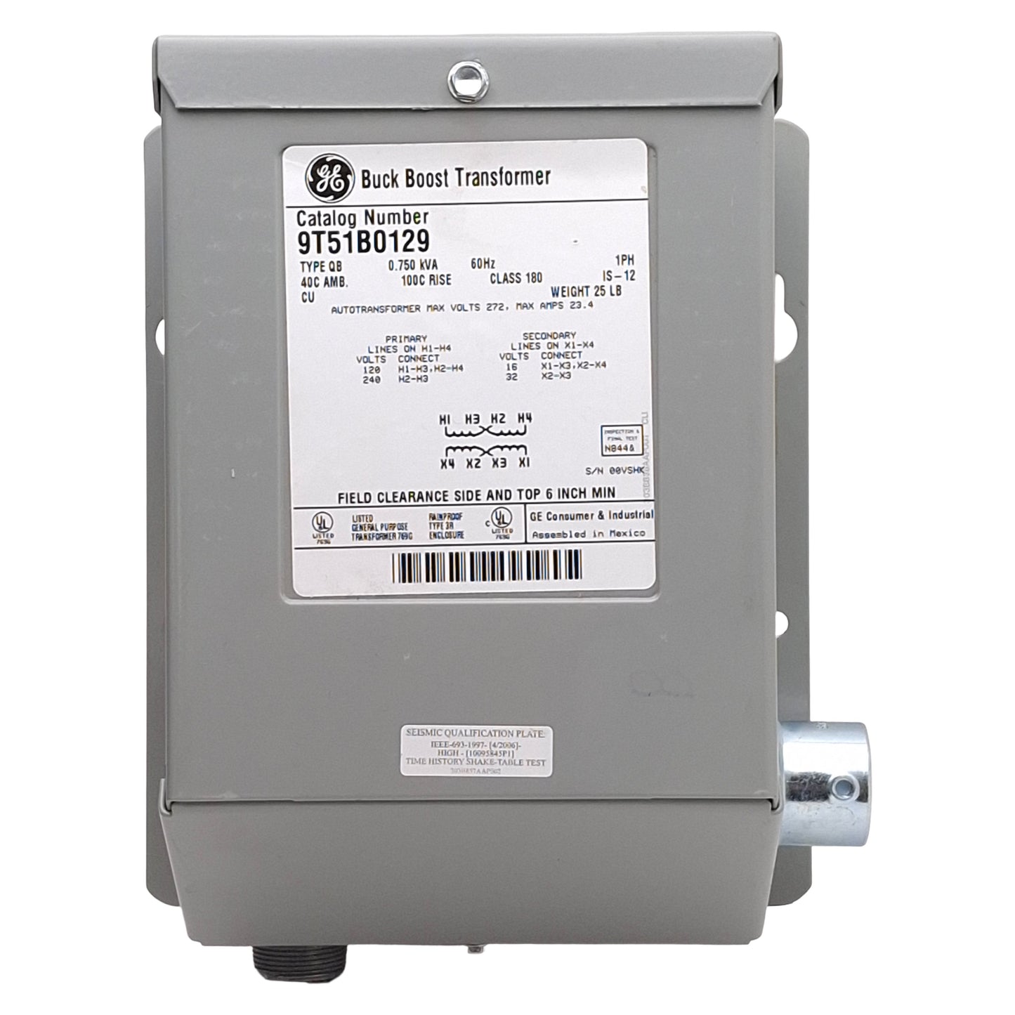 Used GE 9T51B0129 Buck Boost Transformer, 0.75kVA, 120x240V Primary, 16x32V Secondary