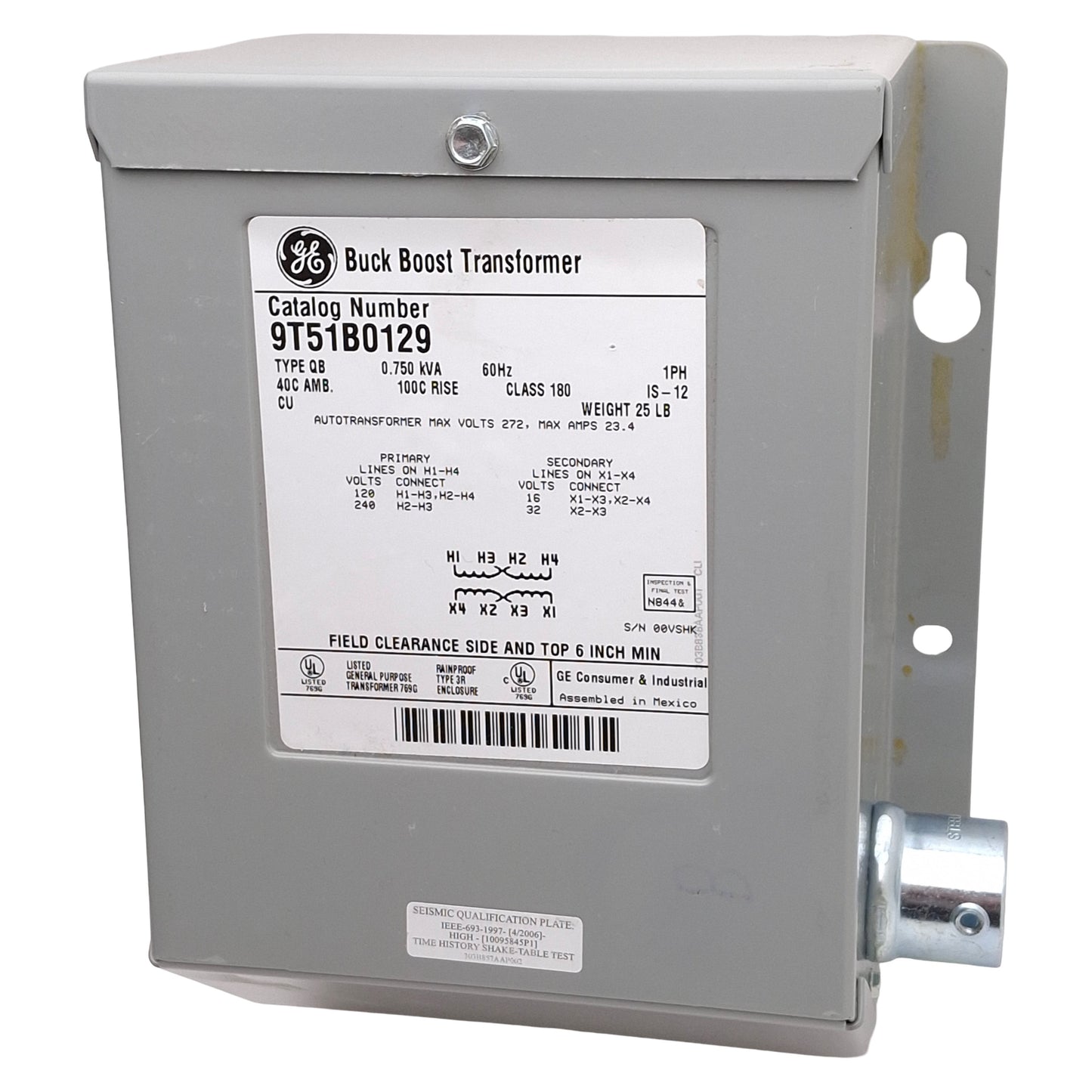 Used GE 9T51B0129 Buck Boost Transformer, 0.75kVA, 120x240V Primary, 16x32V Secondary