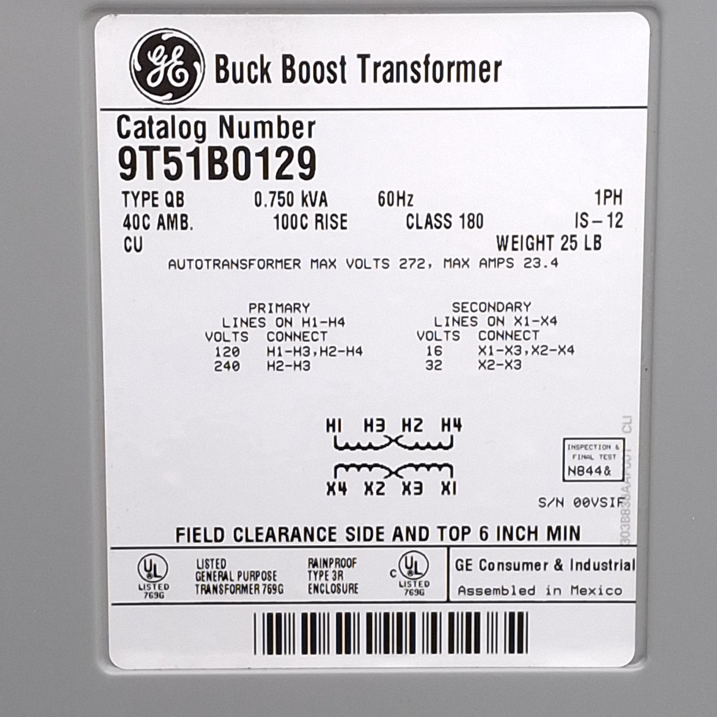 Used GE 9T51B0129 Buck Boost Transformer 0.75kVA, 120x240V Primary, 16x32V Secondary