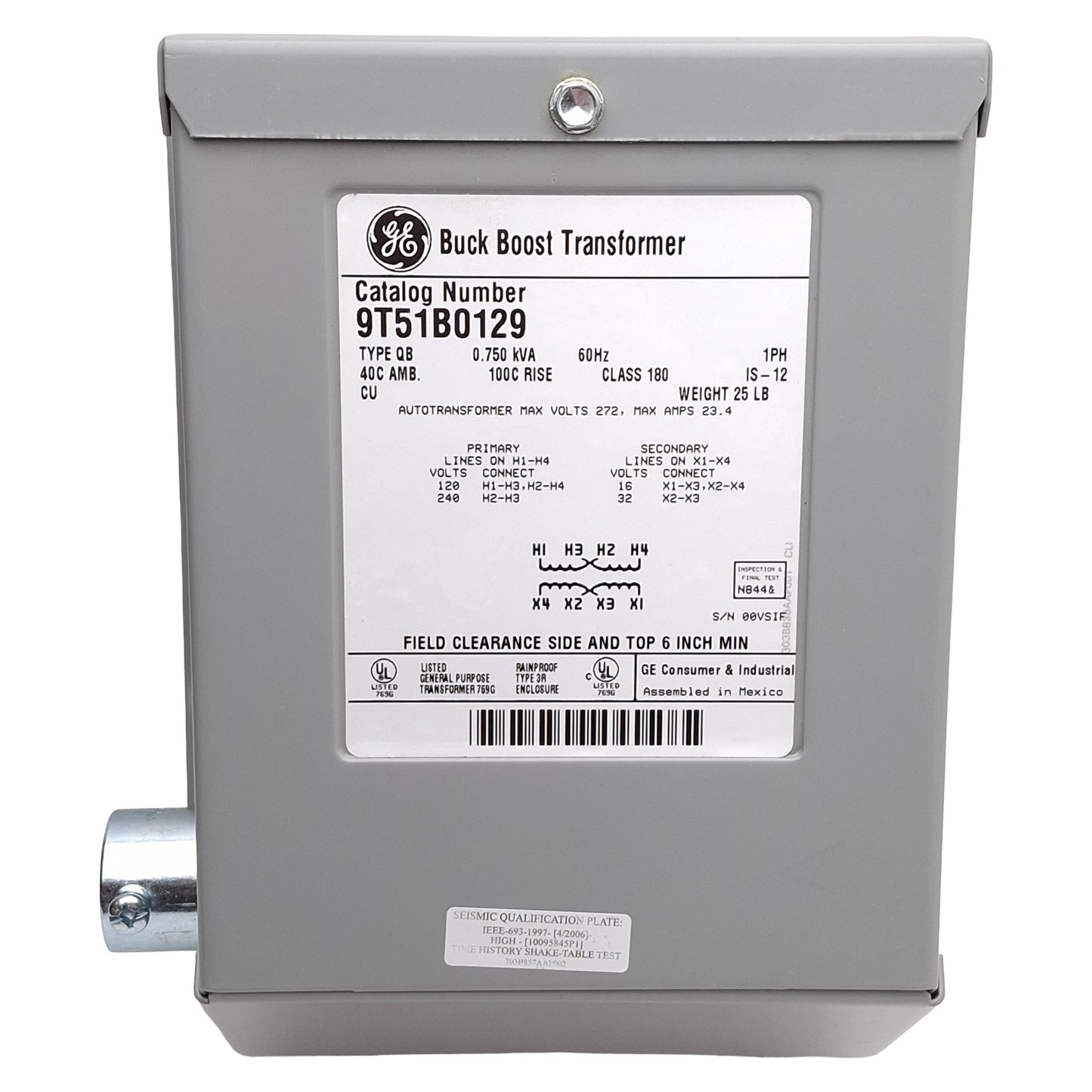 Used GE 9T51B0129 Buck Boost Transformer 0.75kVA, 120x240V Primary, 16x32V Secondary
