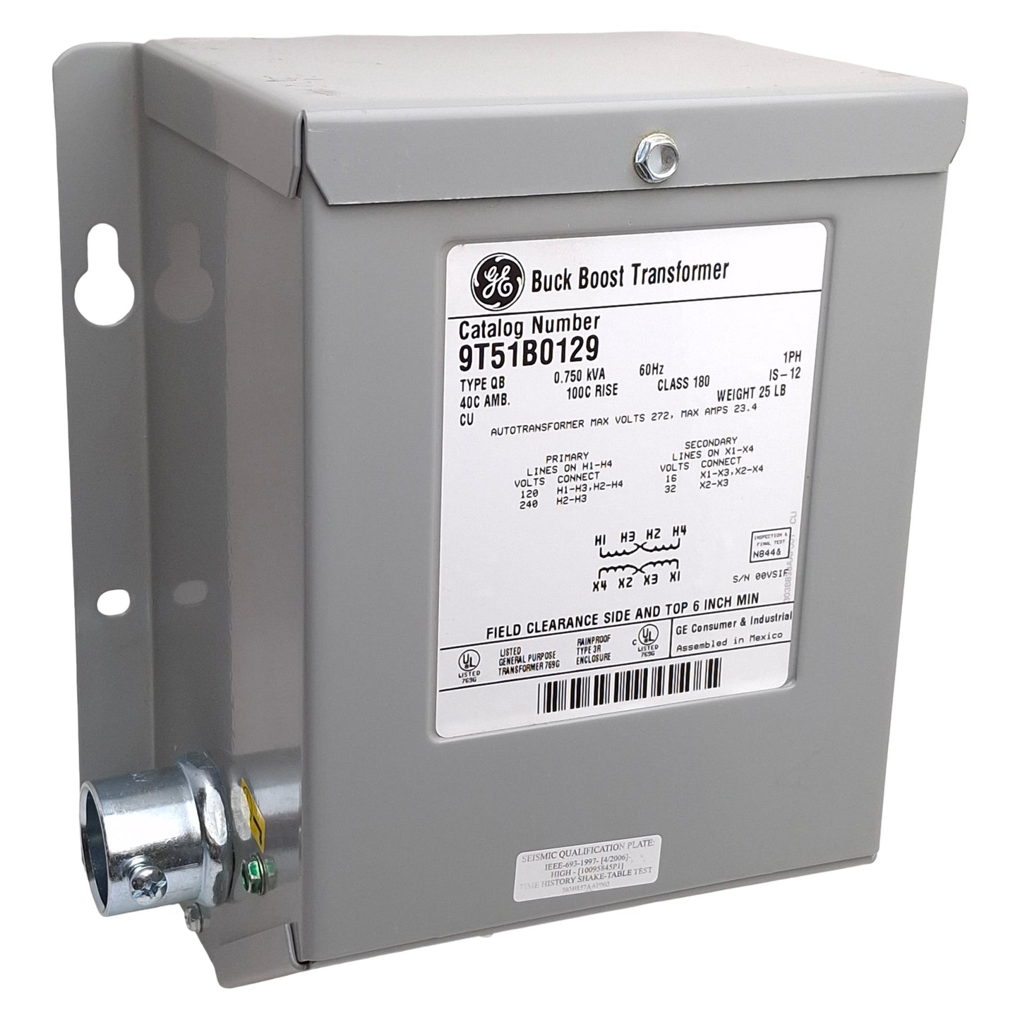 Used GE 9T51B0129 Buck Boost Transformer 0.75kVA, 120x240V Primary, 16x32V Secondary