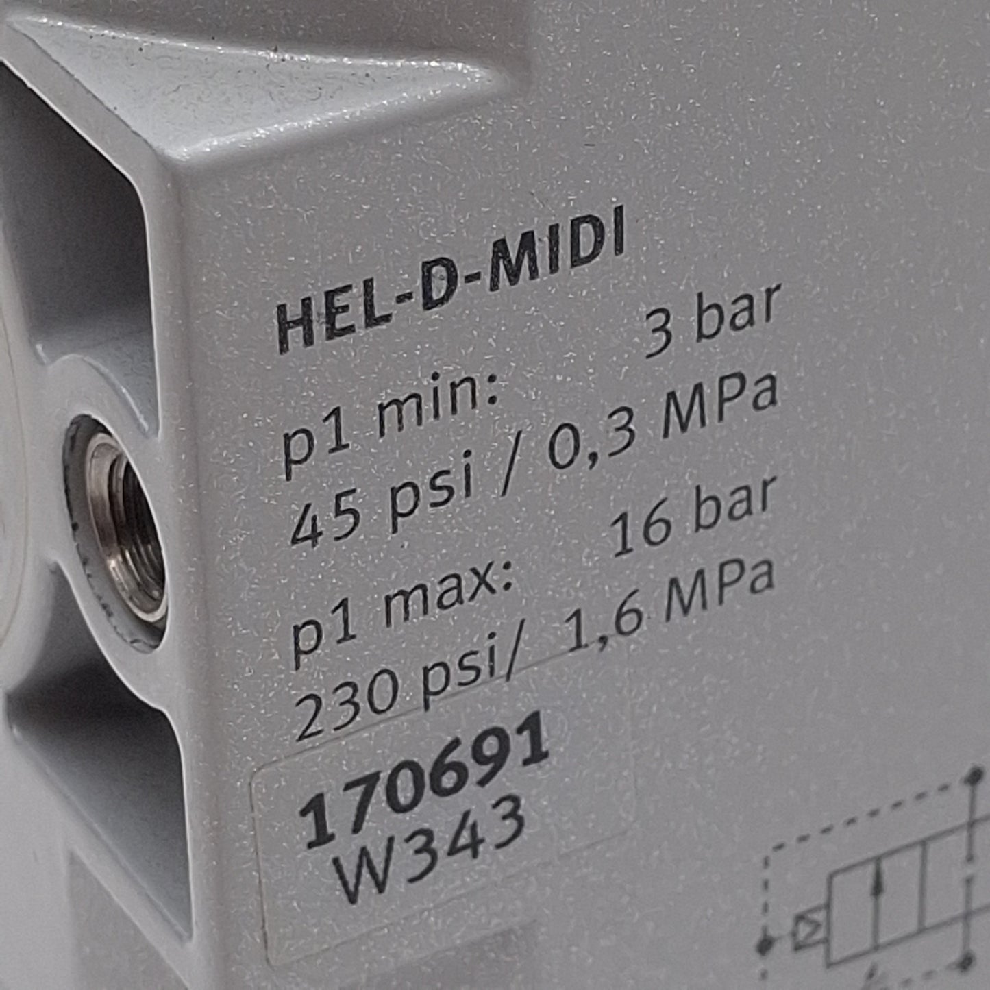 Used Festo HEL-D-MIDI On/Off Piston Gate Valve, 2/2-Way, G1/4in, 3-16bar, 24VDC Coil