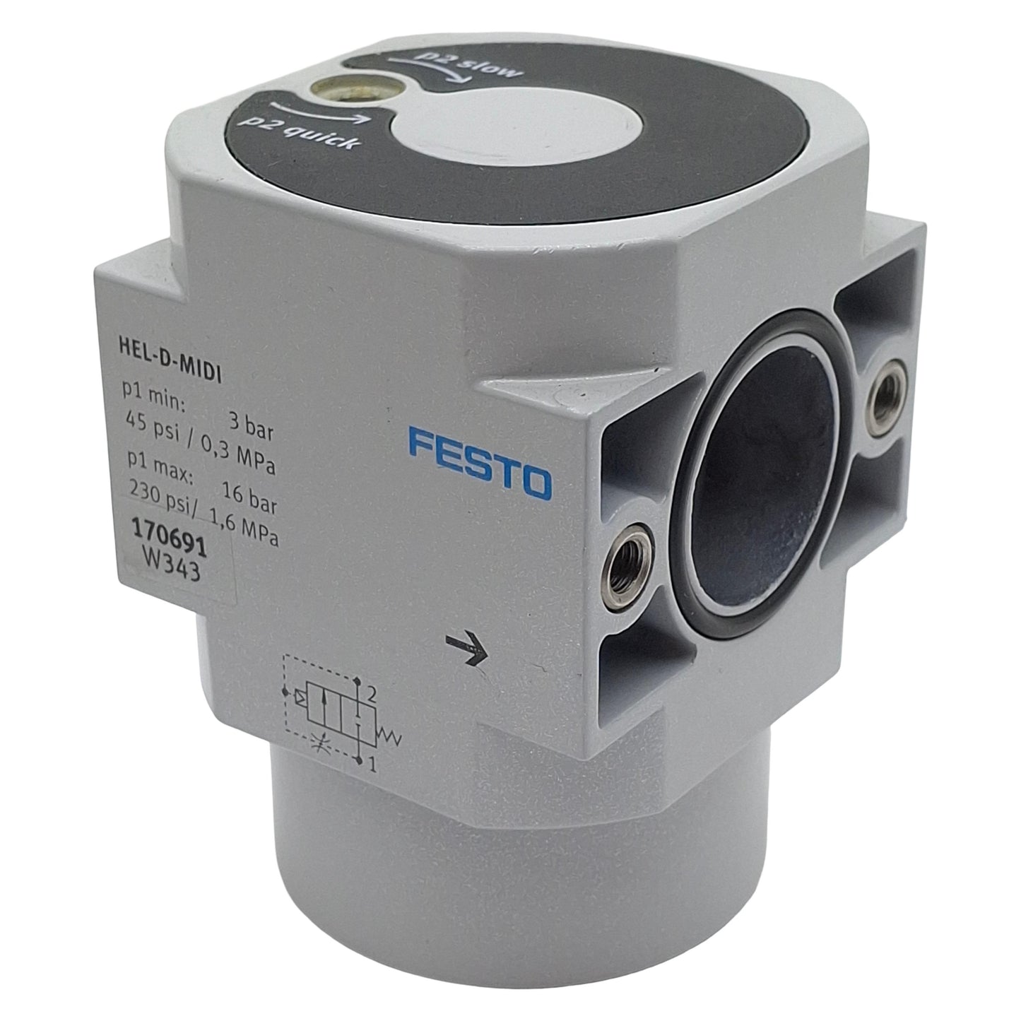 Used Festo HEL-D-MIDI On/Off Piston Gate Valve, 2/2-Way, G1/4in, 3-16bar, 24VDC Coil
