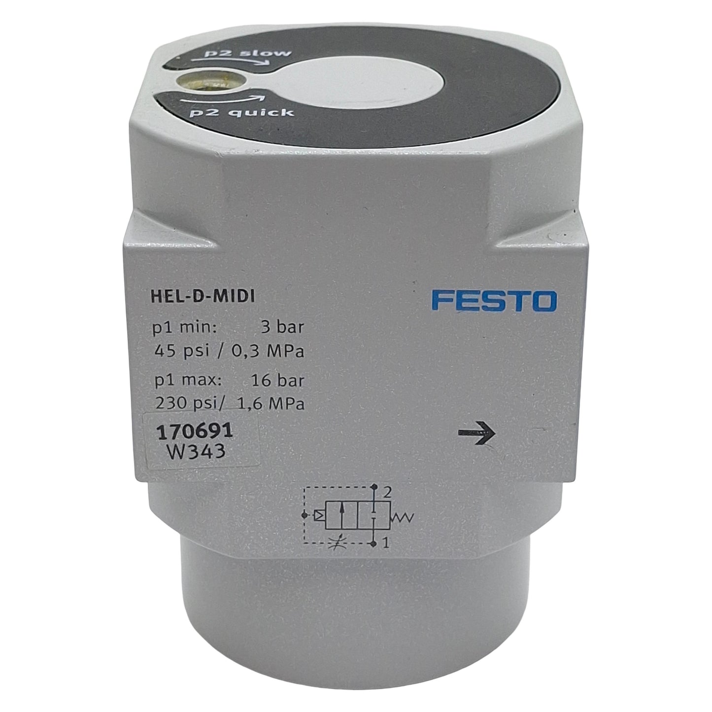 Used Festo HEL-D-MIDI On/Off Piston Gate Valve, 2/2-Way, G1/4in, 3-16bar, 24VDC Coil