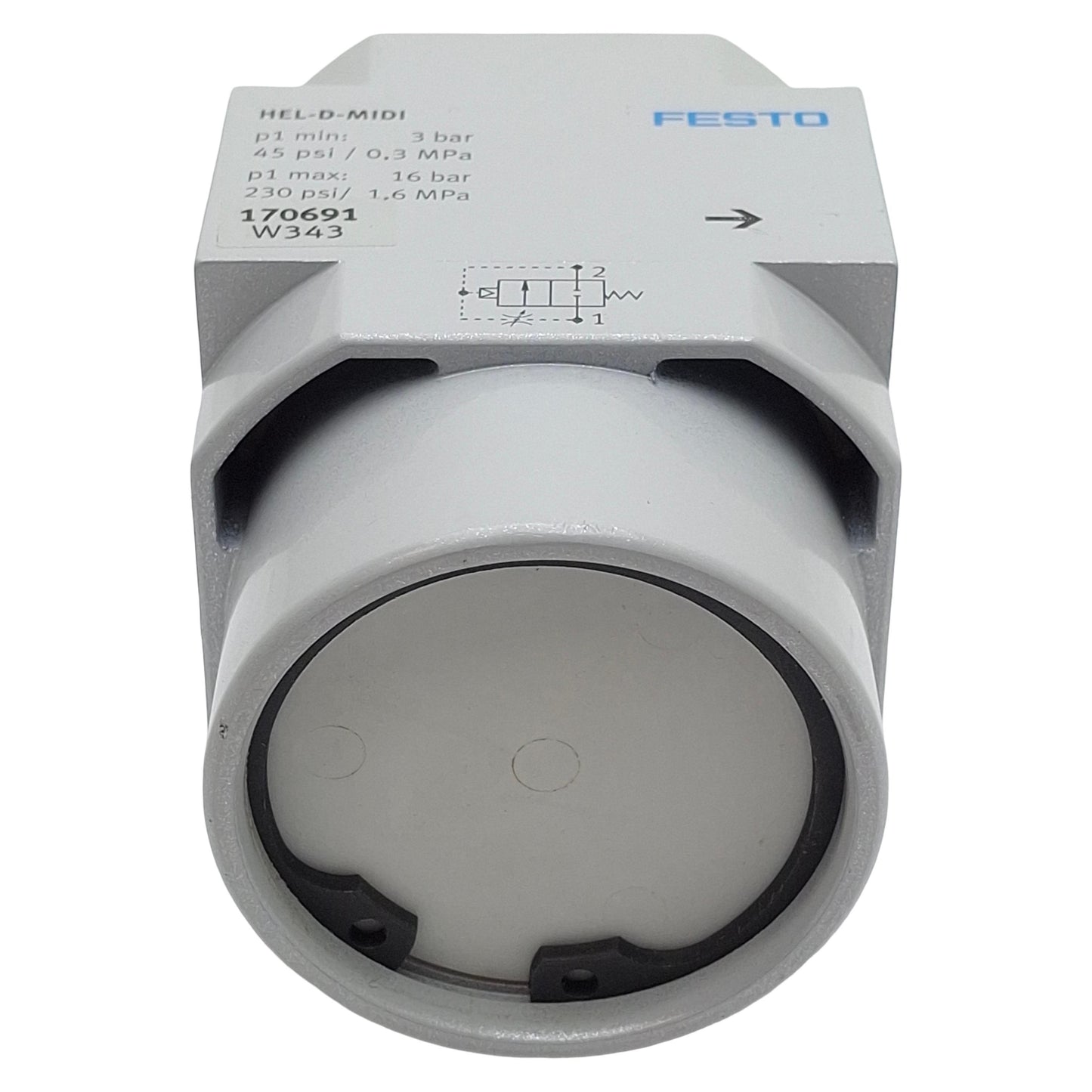 Used Festo HEL-D-MIDI On/Off Piston Gate Valve, 2/2-Way, G1/4in, 3-16bar, 24VDC Coil