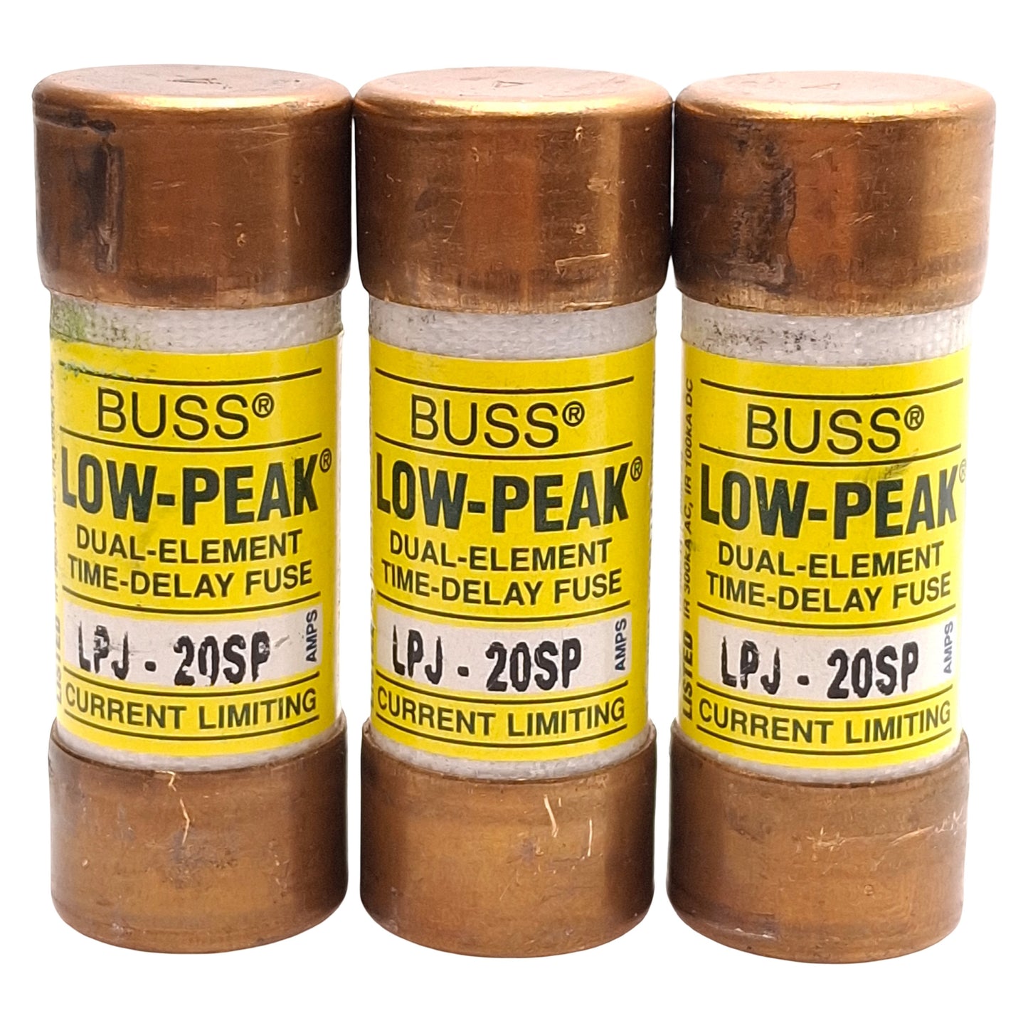 Used Lot of 3 Bussmann LPJ-20SP Low-Peak Time-Delay Fuse, Class J, 20A 600VAC/300VDC