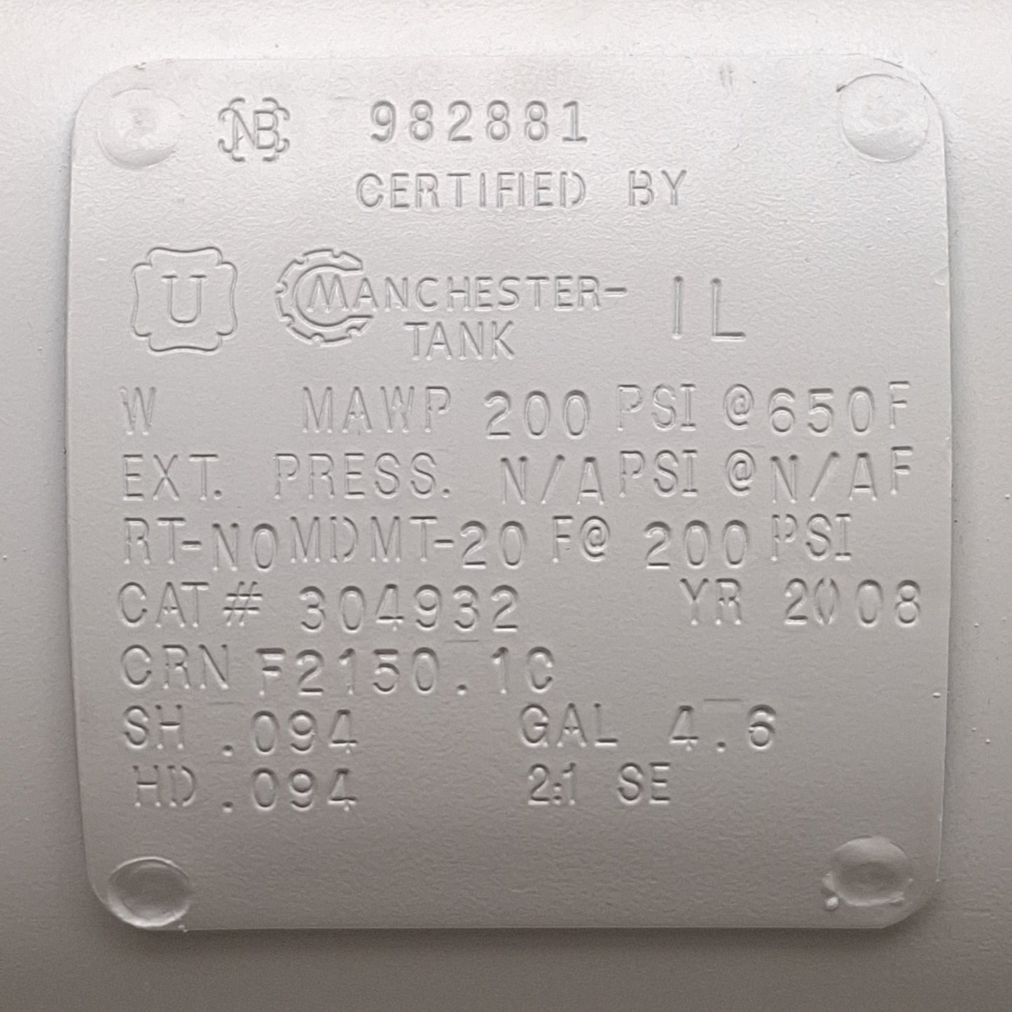 Used Manchester Tank 304932 Universal Horizontal Air Receiver, 4.6 Gallons, 200PSI