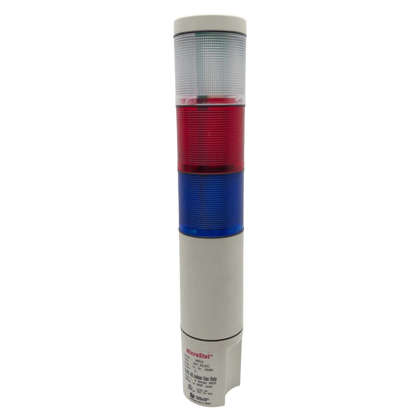 Used Federal Signal MSL3-024 MicroStat Status Indicator, Clear/Red/Blue, 24VAC/VDC