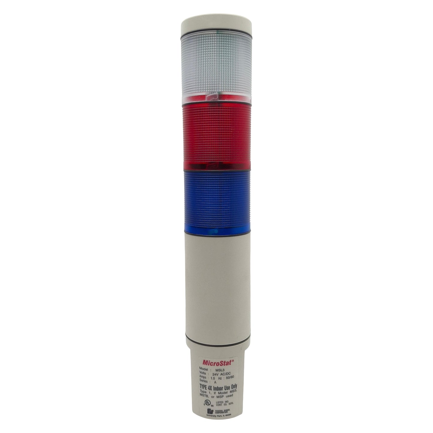 Used Federal Signal MSL3-024 MicroStat Status Indicator, Clear/Red/Blue, 24VAC/VDC