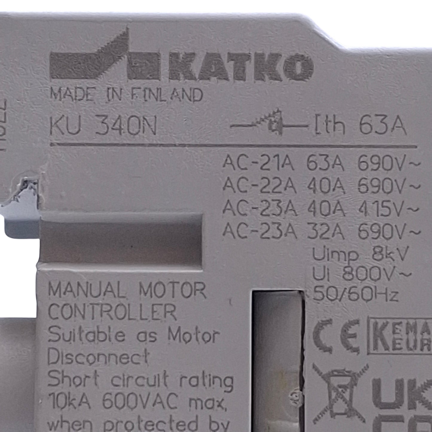 Used KATKO KU 340N Motor Disconnect w/ KV10x38 Fuse Holder 3-Pole, 40A, 600VAC