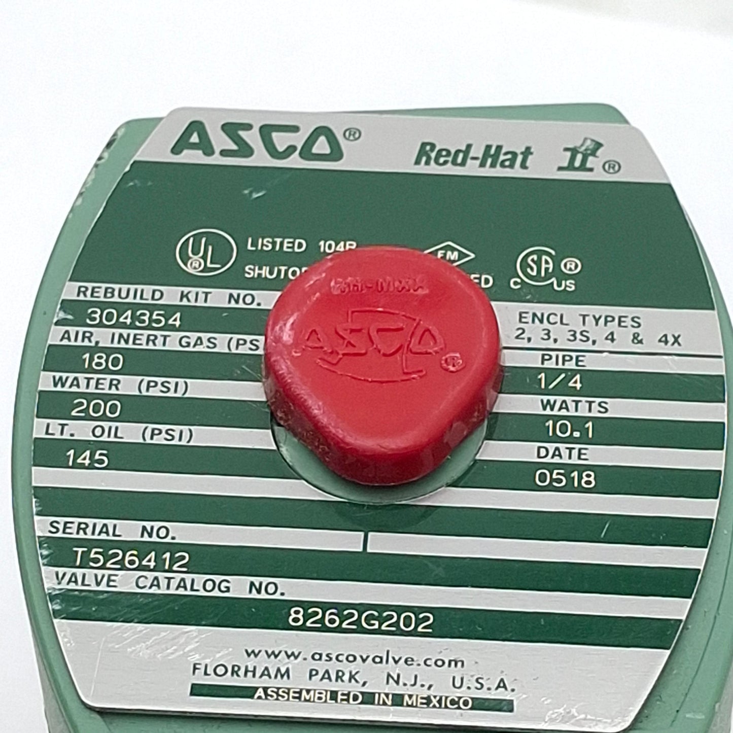 Used ASCO 8262G202 Red-Hat Solenoid Valve, 2-Way, 1/4in NPT, 200psi, 110/120VAC Coil