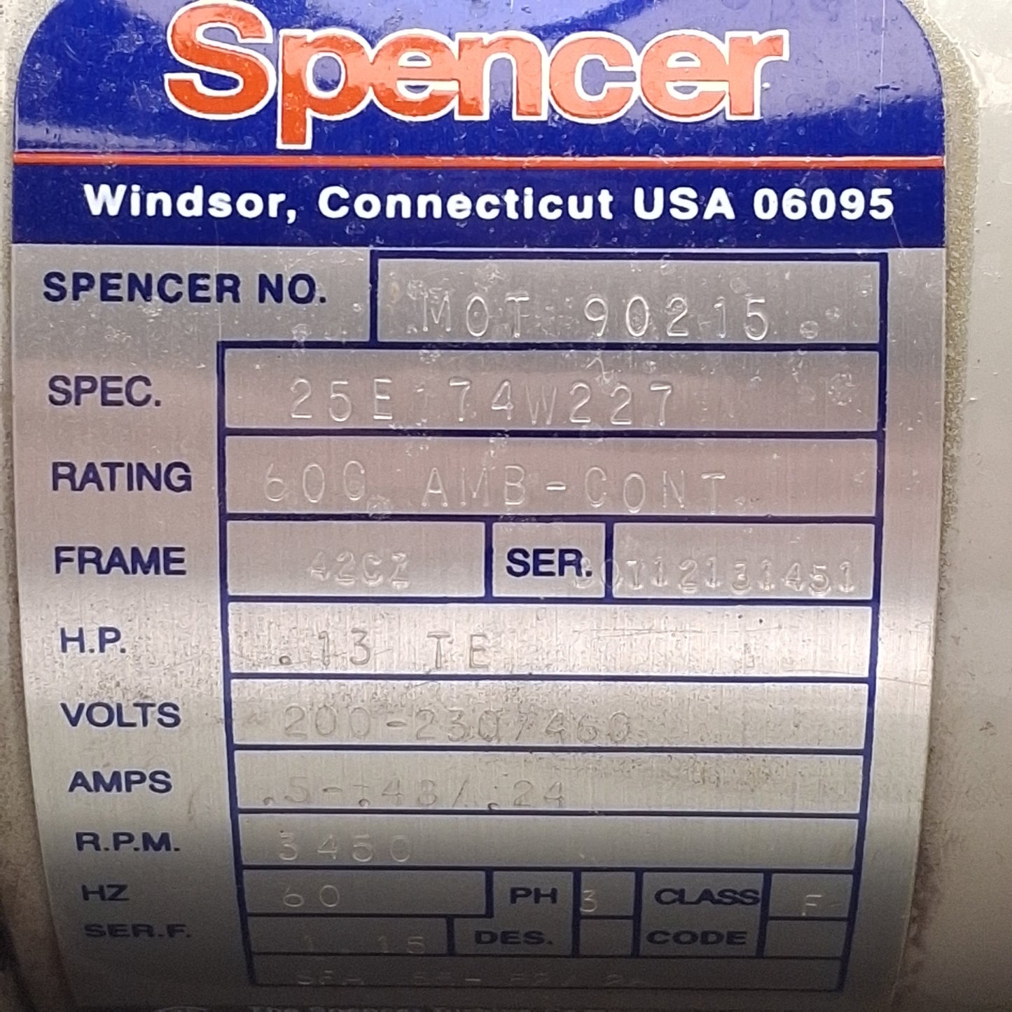Used Dri-Air VB-001B-010 81407 Blower For ARID-X 25 Desiccant Dryer 25cfm 230/460VAC