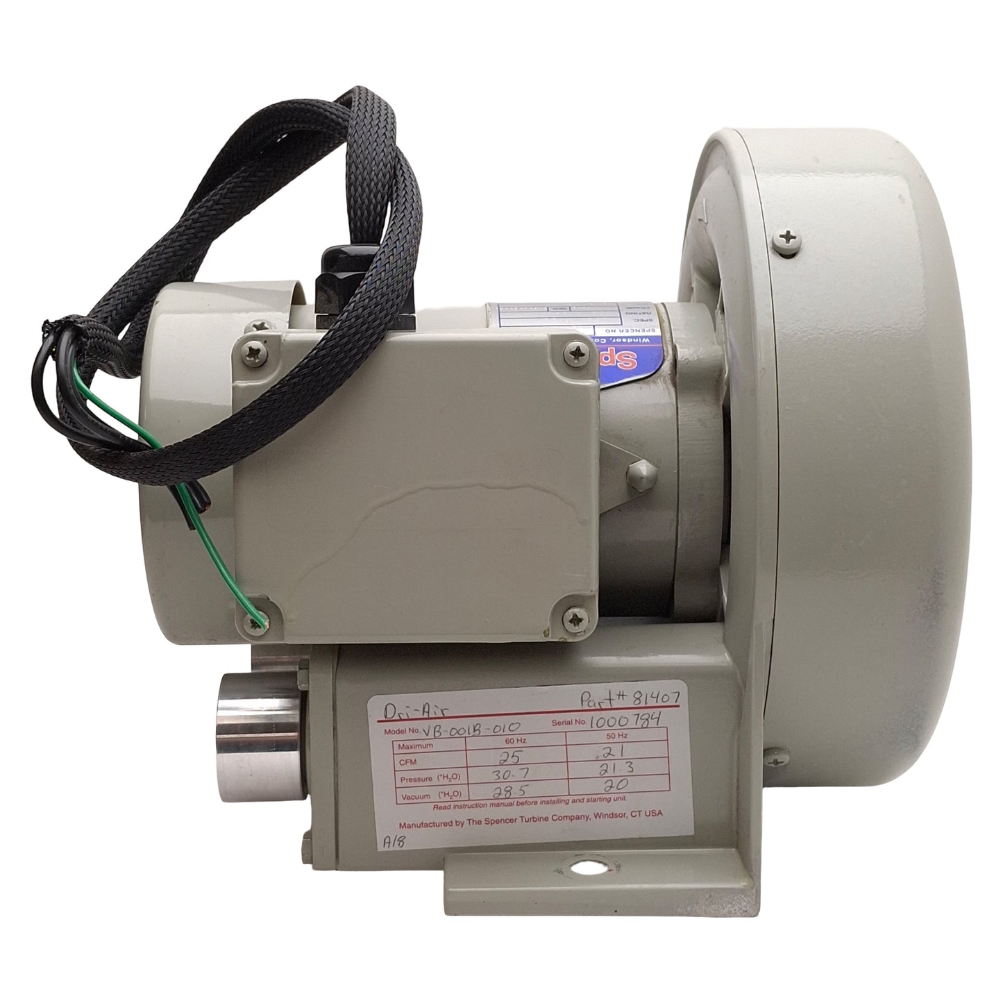 Used Dri-Air VB-001B-010 81407 Blower For ARID-X 25 Desiccant Dryer 25cfm 230/460VAC