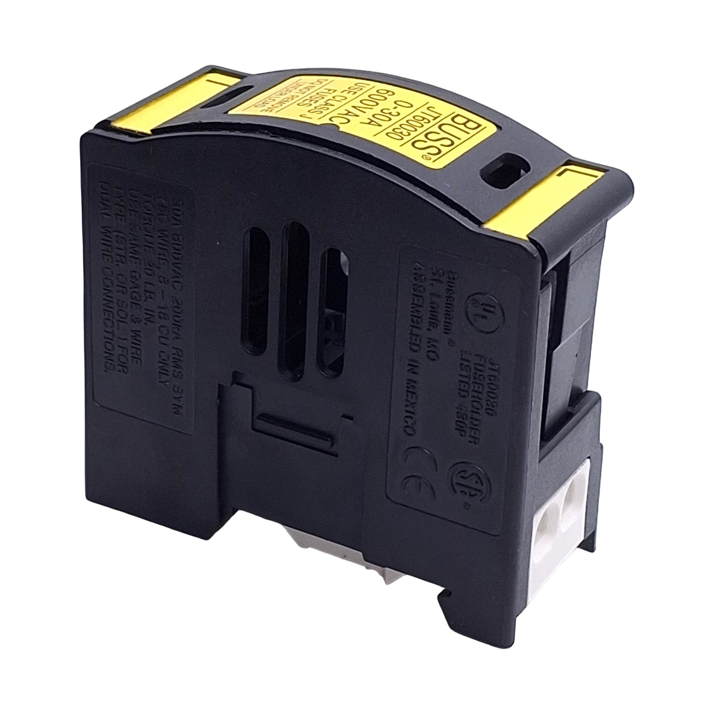 Used Eaton Bussmann JT60030 Fuse Holder, Class J 1-Pole, 30A 600VAC/DC Max, DIN Rail