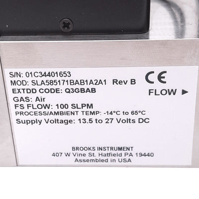 Used Brooks SLA585171BAB1A2A1 Mass Flow Meter for Air, 75psi In, 27psi Out, 24VDC