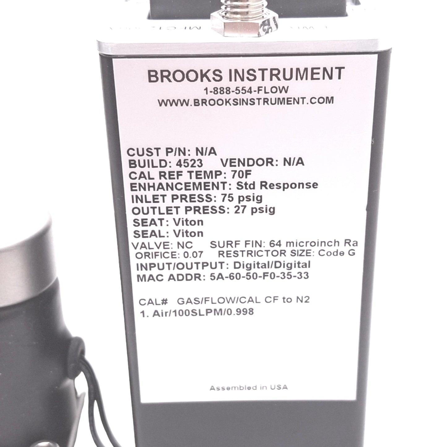 Used Brooks SLA585171BAB1A2A1 Mass Flow Meter for Air, 75psi In, 27psi Out, 24VDC