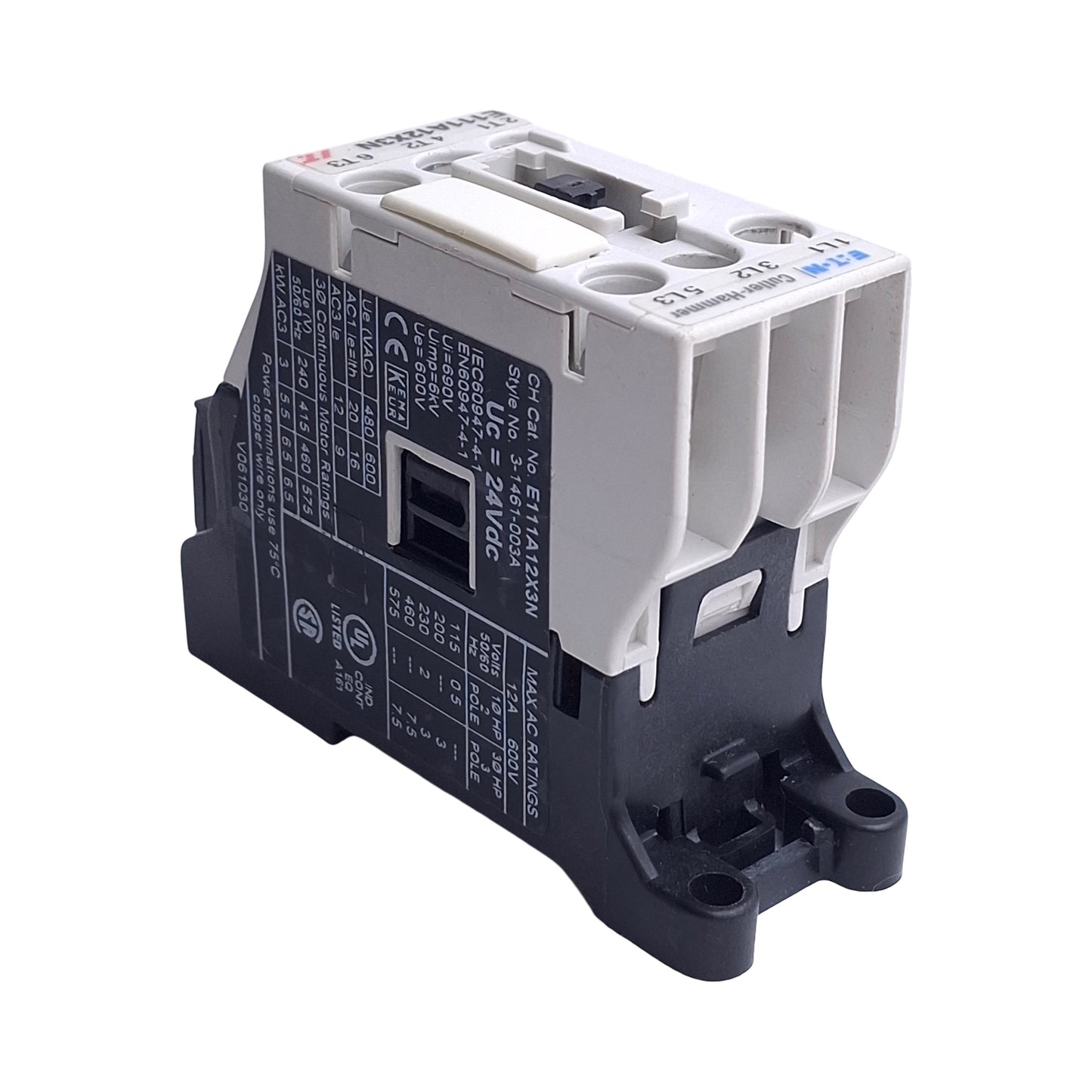 Used Eaton Cutler Hammer E111A12X3N Motor Control Contactor 12A 600VAC, 24VDC Coil