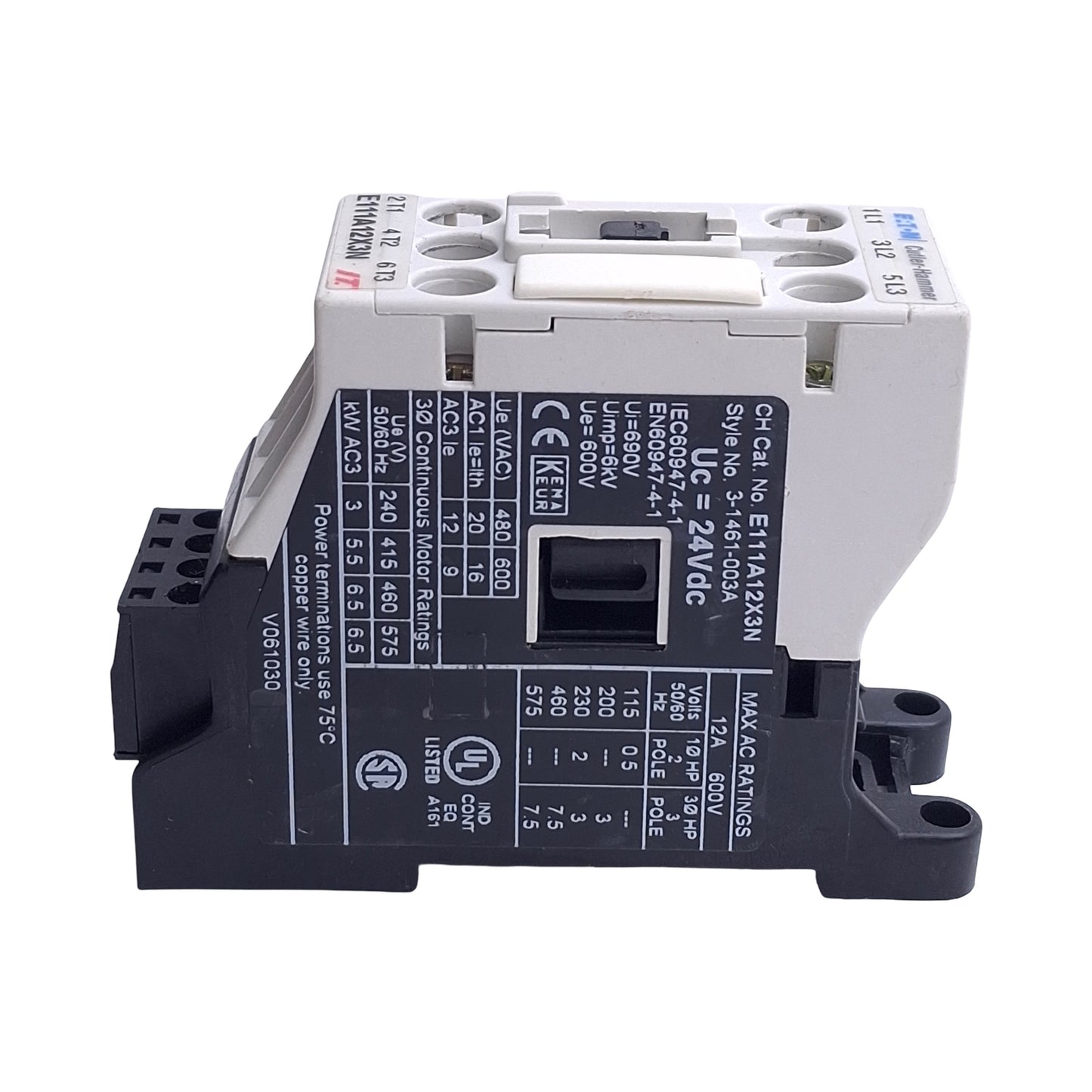 Used Eaton Cutler Hammer E111A12X3N Motor Control Contactor 12A 600VAC, 24VDC Coil