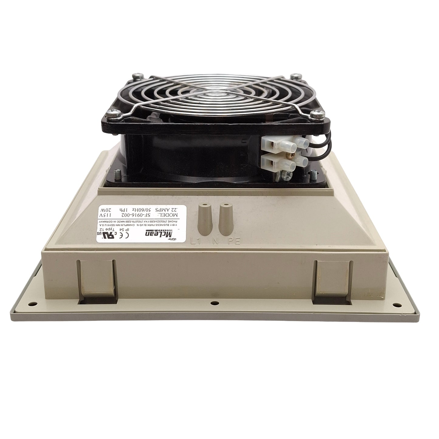 Used McLean SF-0916-002 Side-Mount Filter Fan, 75cfm, 20W, 115VAC 0.22A, 8in x 8in