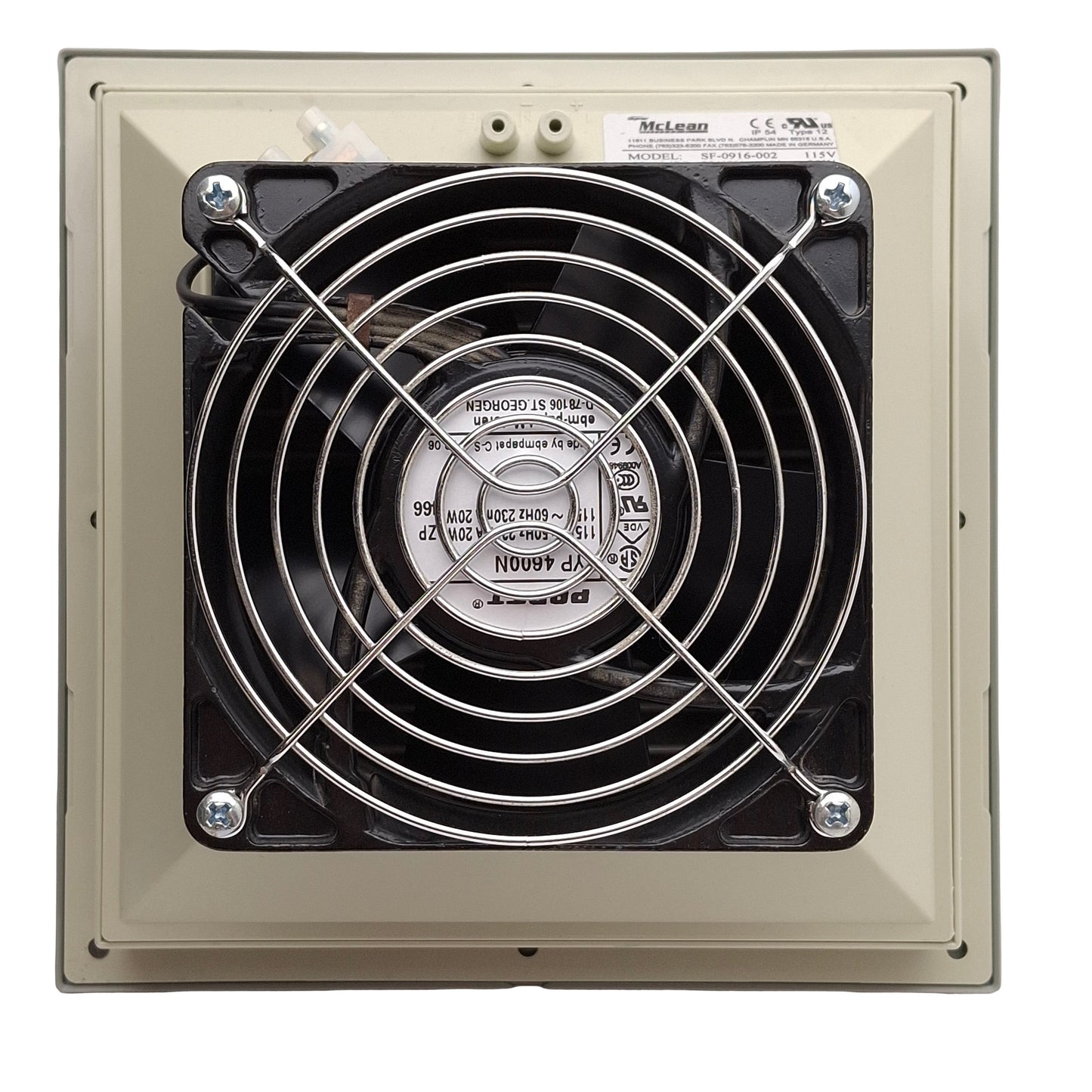 Used McLean SF-0916-002 Side-Mount Filter Fan, 75cfm, 20W, 115VAC 0.22A, 8in x 8in