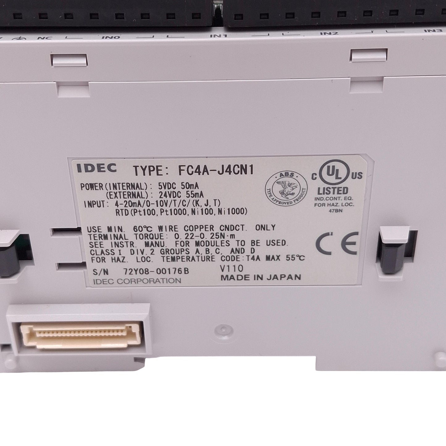 Used IDEC FC4A-J4CN1 Analog Input Module for MicroSmart PLC, 4-Channel, 24VDC