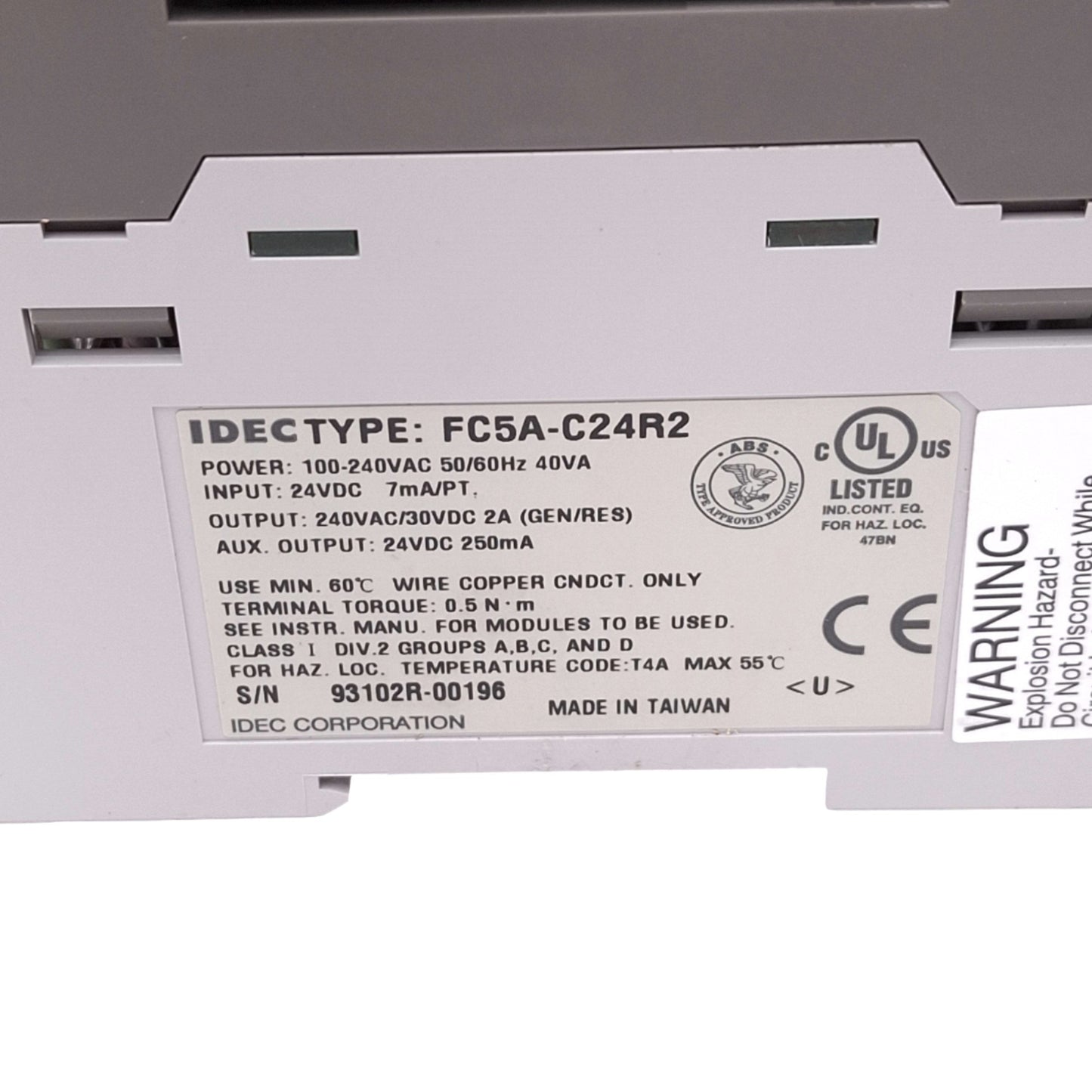 Used IDEC FC5A-C24R2 MicroSmart Pentra Logic Controller, 24-Point, 100-240VAC