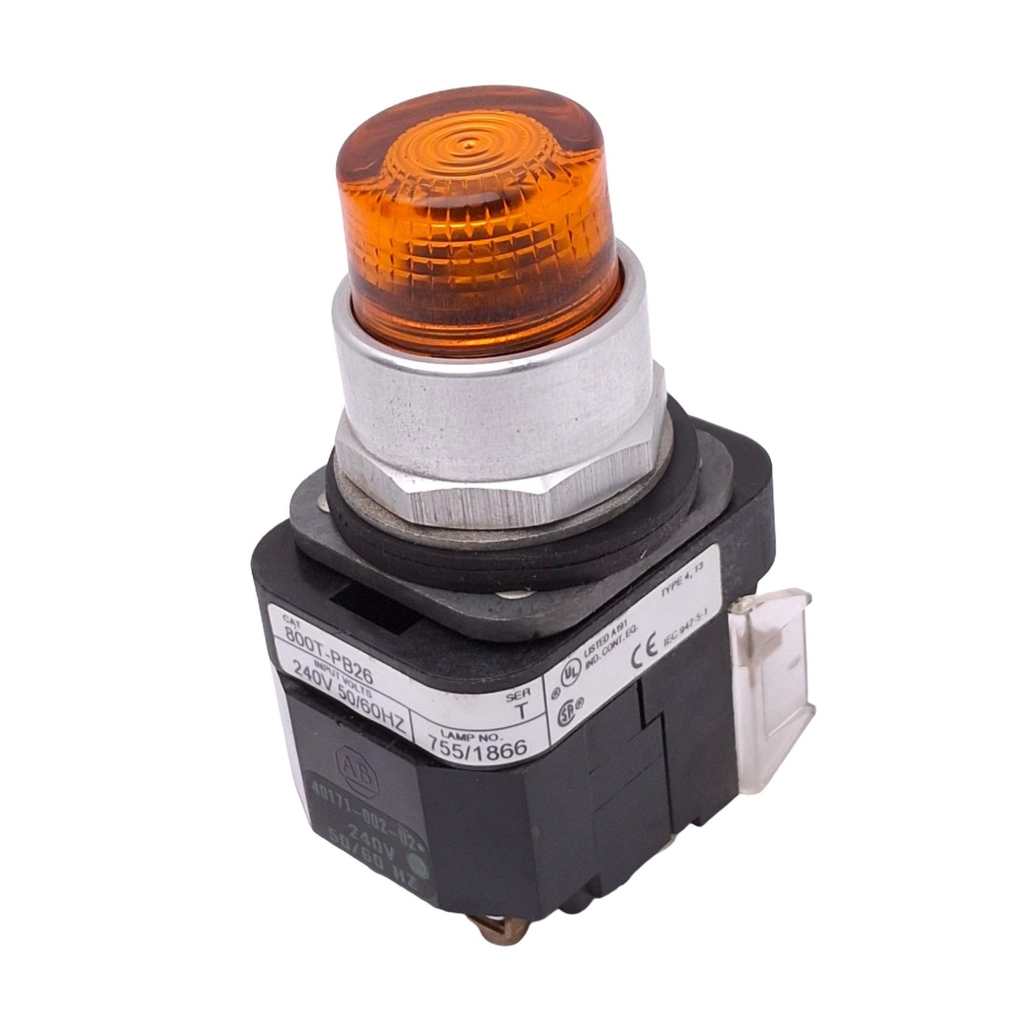 Used Allen Bradley 800T-PB26A Amber Illuminated Pushbutton, 1NO 1NC, 240VAC Lamp