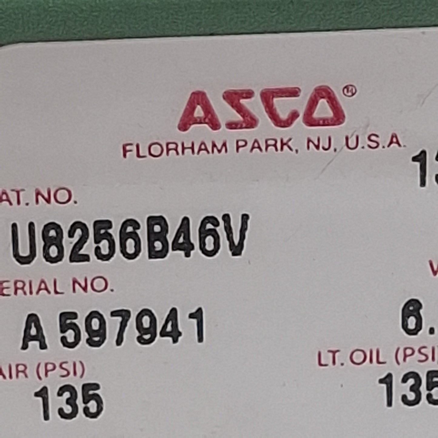 Used Asco U8256B46V Solenoid Valve, 2-Way NC, 1/8in NPT, 135psi, 110/120VAC Coil