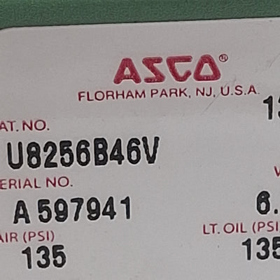 Used Asco U8256B46V Solenoid Valve, 2-Way NC, 1/8in NPT, 135psi, 110/120VAC Coil