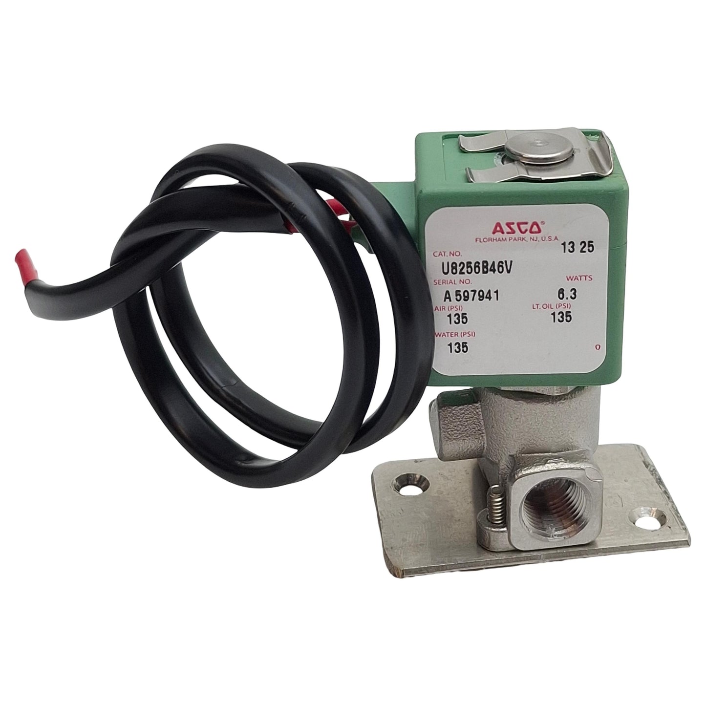 Used Asco U8256B46V Solenoid Valve, 2-Way NC, 1/8in NPT, 135psi, 110/120VAC Coil