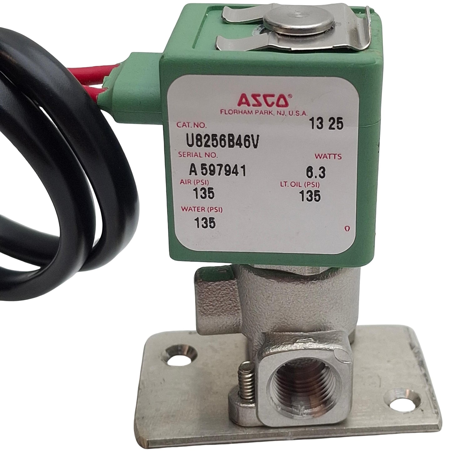 Used Asco U8256B46V Solenoid Valve, 2-Way NC, 1/8in NPT, 135psi, 110/120VAC Coil