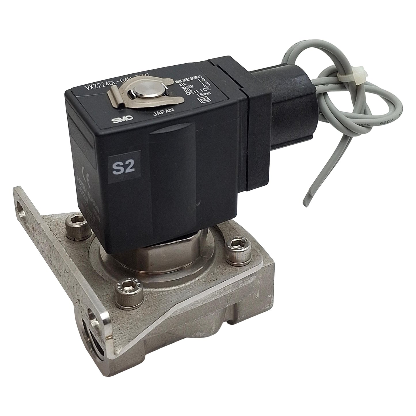 Used SMC VXZ2240L-04N-3CR1 Solenoid Valve, 2-Way NO, 1/2in NPT, 1MPa, 110/120VAC Coil