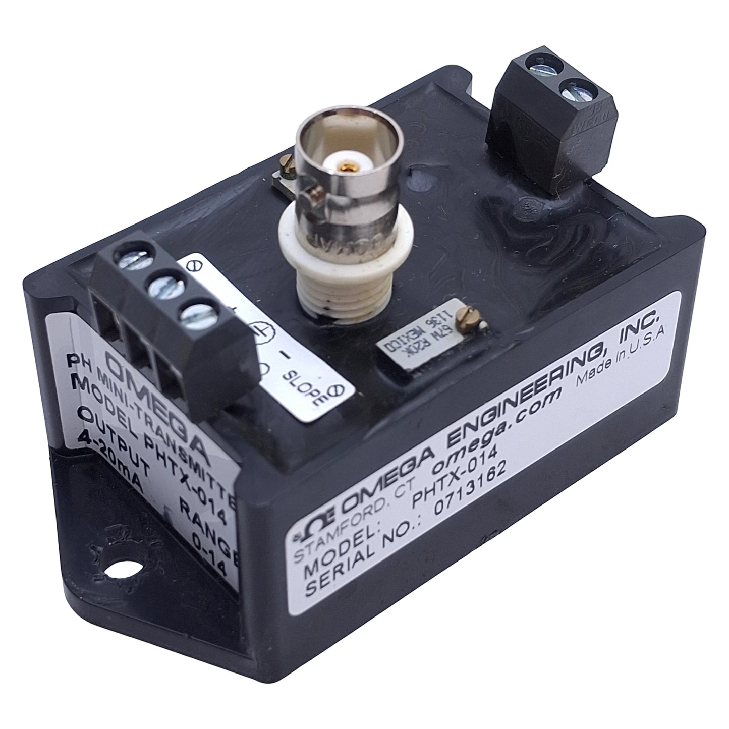 Used Omega PHTX-014 Mini pH Transmitter, 0-14 Range, 24VDC, Two-Wire, 4-20mA, BNC