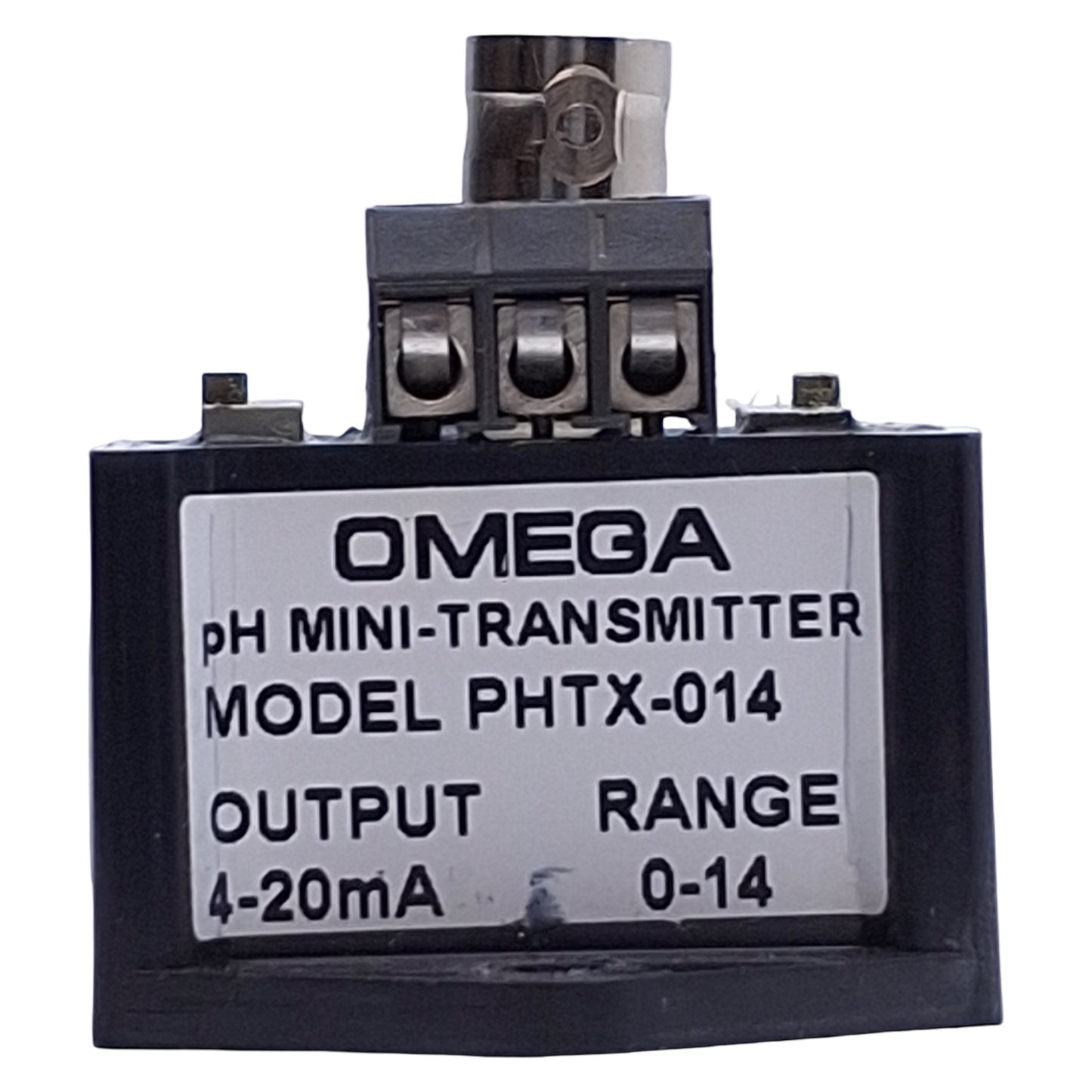 Used Omega PHTX-014 Mini pH Transmitter, 0-14 Range, 24VDC, Two-Wire, 4-20mA, BNC