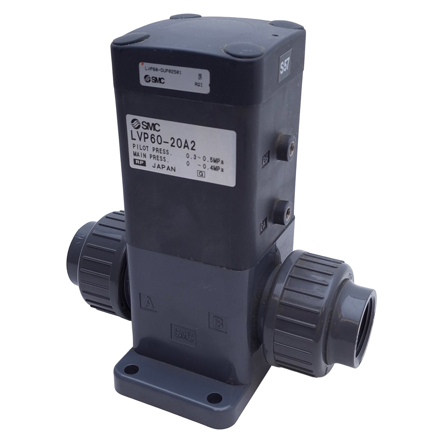 Used SMC LVP60-20A2 Air Operated Valve 22mm Orifice, NC, 26mm Tube OD, M5x0.8 Thread