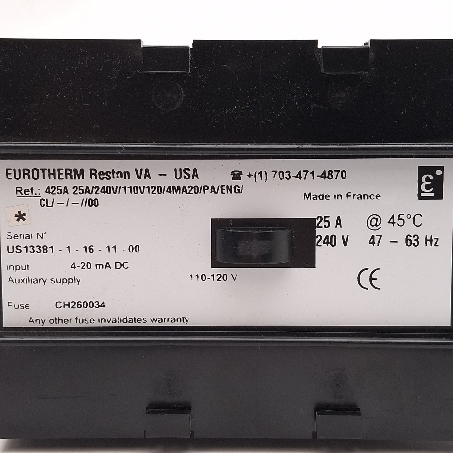 Used Eurotherm 425A 25A/240V/110V120/4MA20/PA/ENG/CL Eurocube Thyristor Unit, 25A