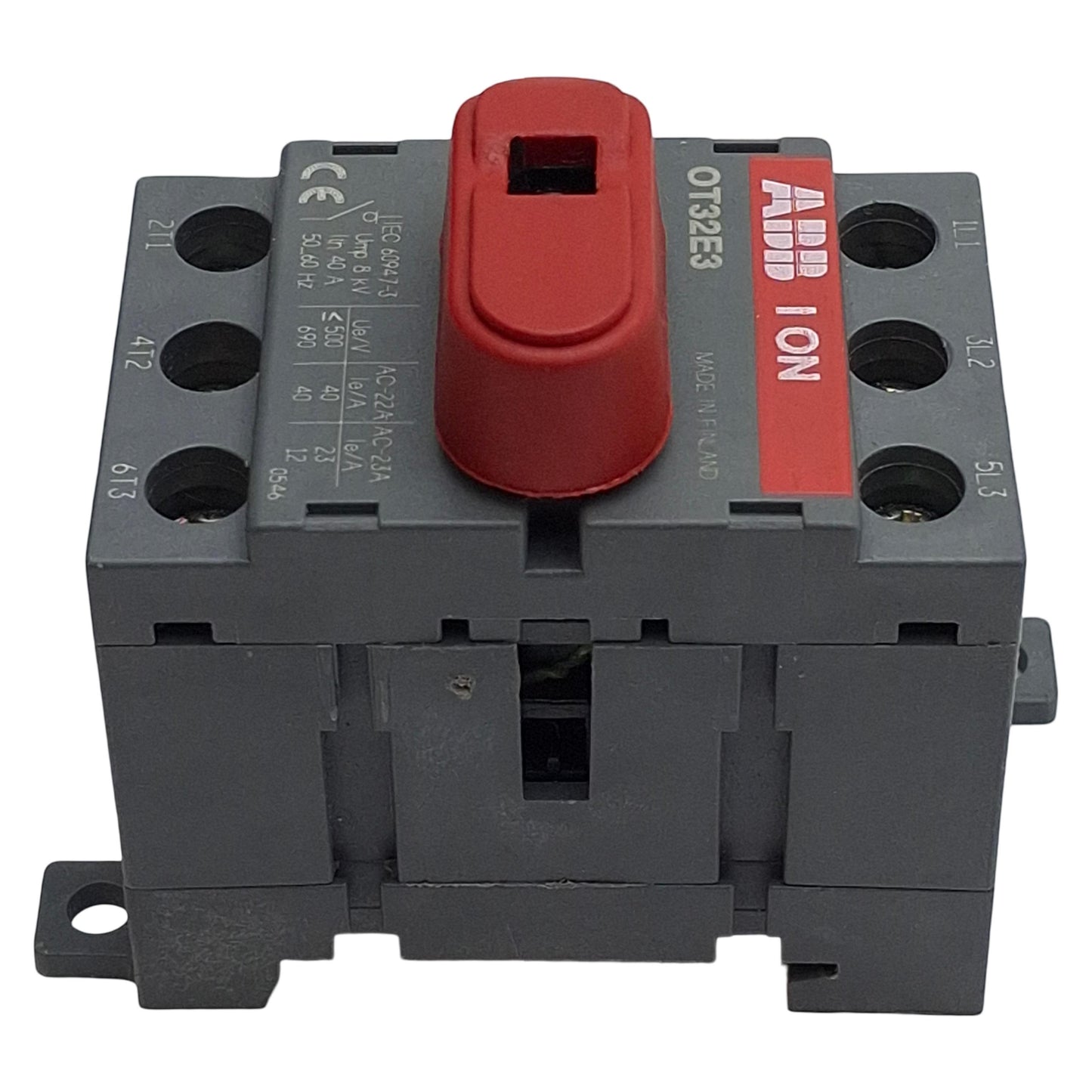 Used ABB OT32E3 Disconnect Switch, 3-Pole, 40A 600VAC, DIN Rail Mount, 6in Extension