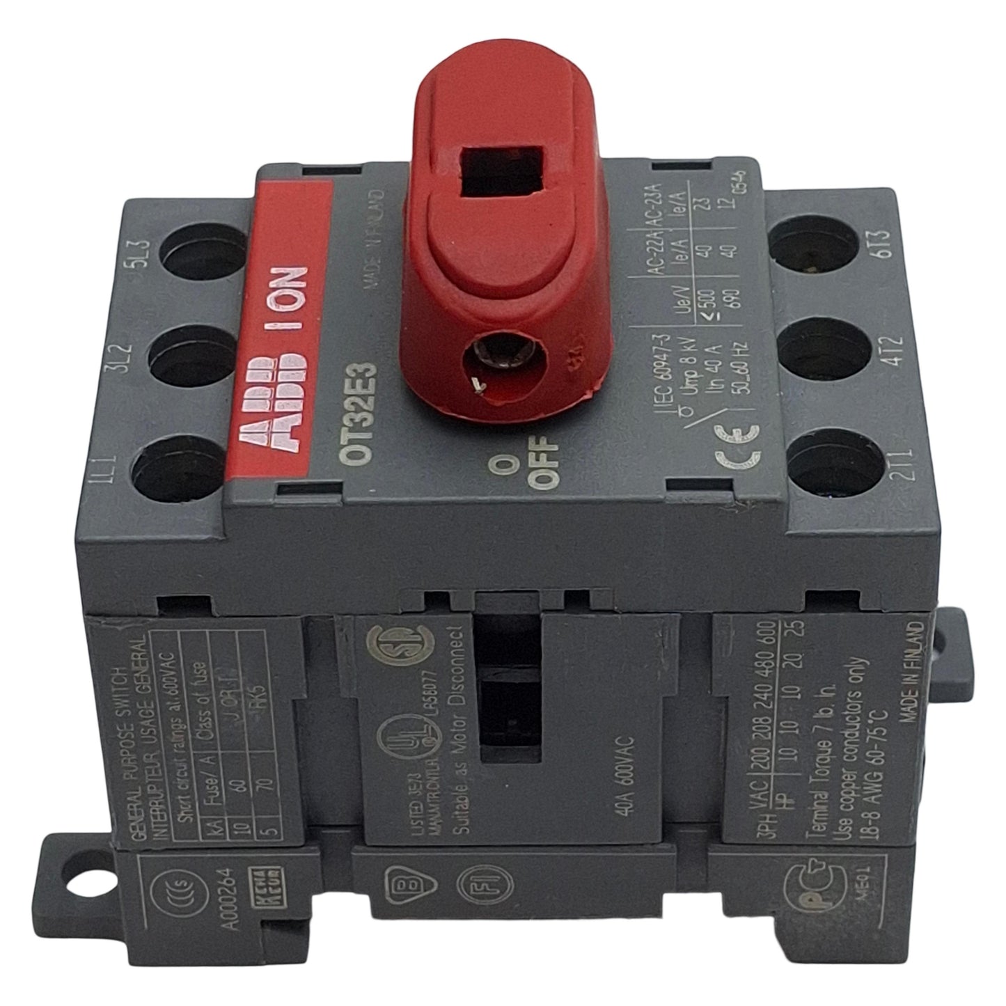 Used ABB OT32E3 Disconnect Switch, 3-Pole, 40A 600VAC, DIN Rail Mount, 6in Extension