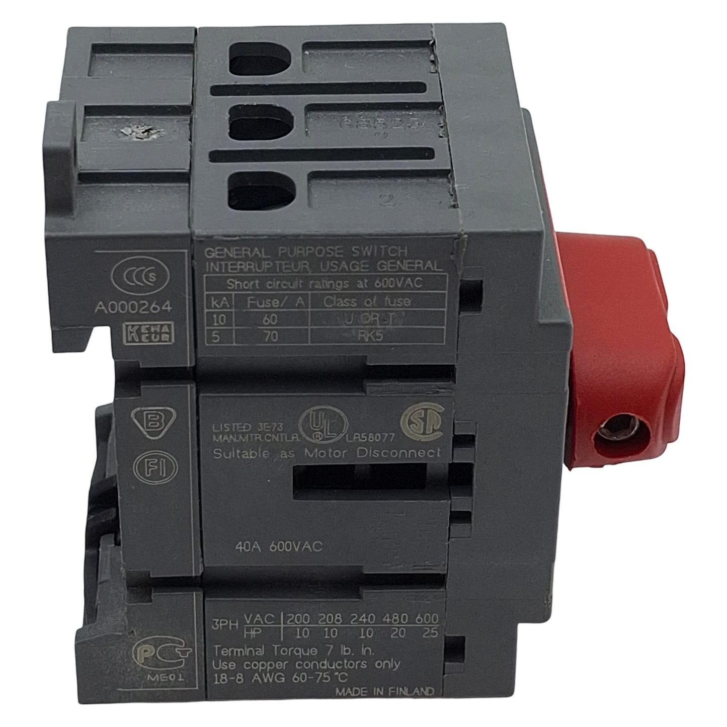 Used ABB OT32E3 Disconnect Switch, 3-Pole, 40A 600VAC, DIN Rail Mount, 6in Extension
