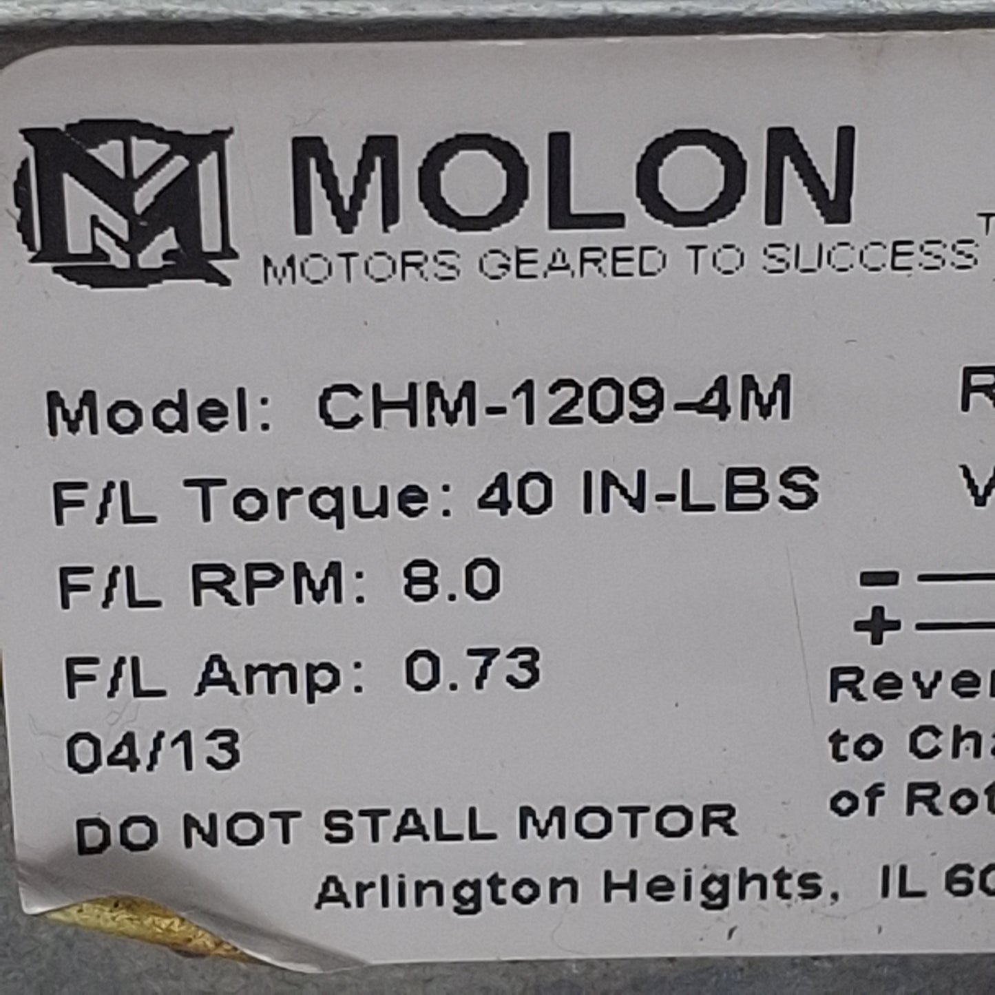 Used Molon CHM-1209-4M Permanent Magnet Gearmotor 12VDC, 40in-lbs, 9rpm, 0.62in Shaft