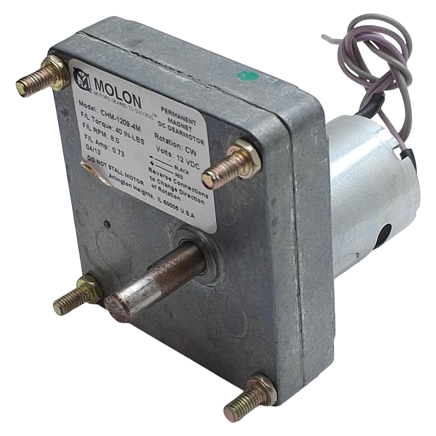 Used Molon CHM-1209-4M Permanent Magnet Gearmotor 12VDC, 40in-lbs, 9rpm, 0.62in Shaft