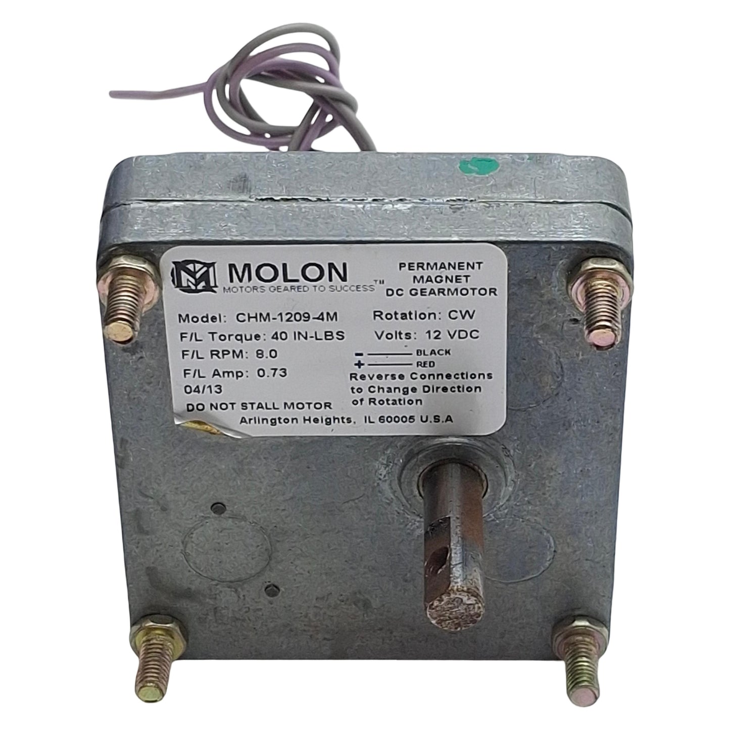 Used Molon CHM-1209-4M Permanent Magnet Gearmotor 12VDC, 40in-lbs, 9rpm, 0.62in Shaft