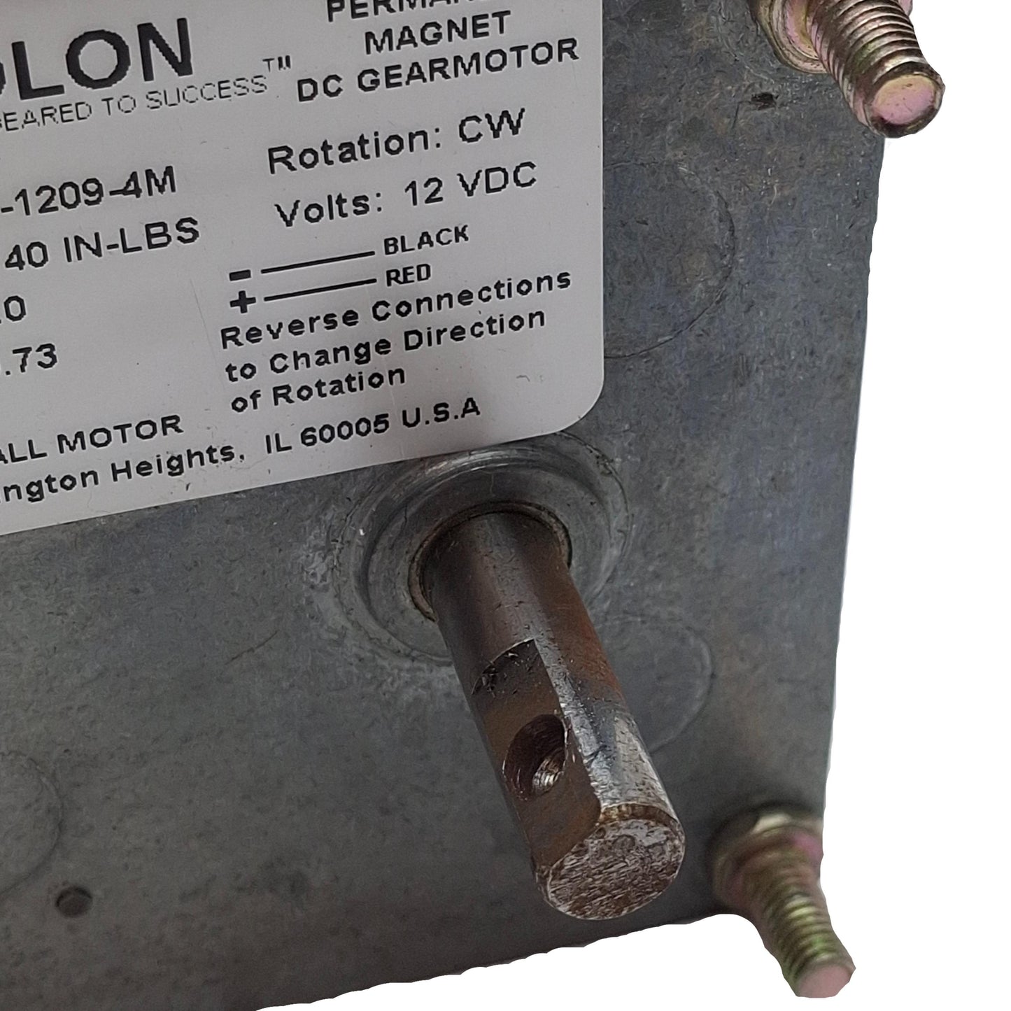 Used Molon CHM-1209-4M Permanent Magnet Gearmotor 12VDC, 40in-lbs, 9rpm, 0.62in Shaft
