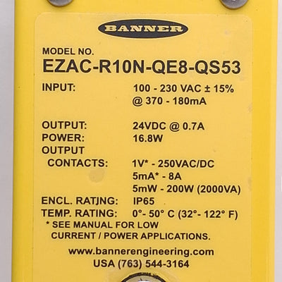 Used Banner EZAC-R10N-QE8-QS53 Interface Box 2NO, 100-230VAC In, 24VDC 0.7A Out