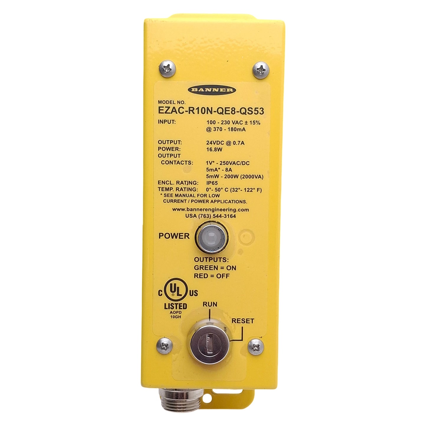 Used Banner EZAC-R10N-QE8-QS53 Interface Box 2NO, 100-230VAC In, 24VDC 0.7A Out