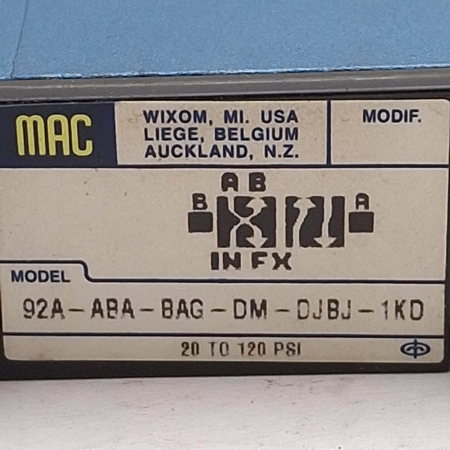 Used Mac 92A-ABA-BAG-DM-DJBJ-1KD Solenoid Valve, 5/2-Way, 20-120psi, 240VAC Coil