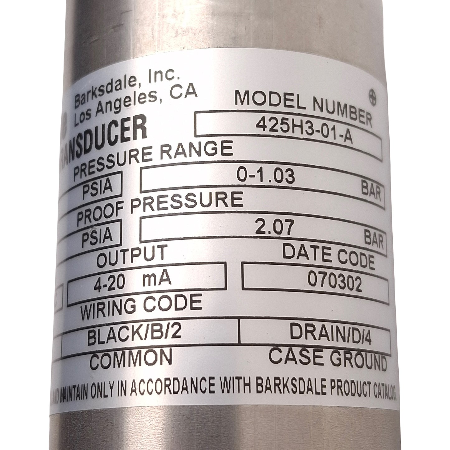 Used Barksdale 425H3-01-A Pressure Transducer, 0-15psia, 4-20mA Output, 12-30VDC