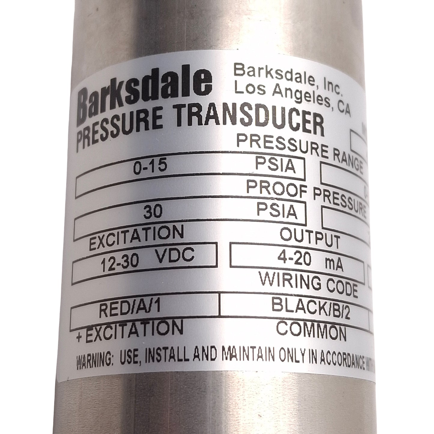 Used Barksdale 425H3-01-A Pressure Transducer, 0-15psia, 4-20mA Output, 12-30VDC